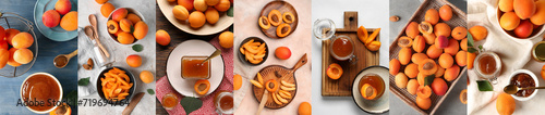 Collage of sweet apricot jam on table, top view photo