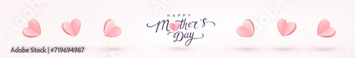Mother's Day postcard with 3d paper flying hearts on pink background. Romantic poster, header template for ads promo, sales. Vector symbols of love for greeting card design