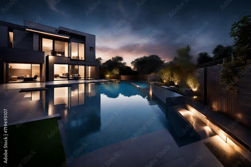 Twilight descending on a townhouse with swimming pool, where ambient outdoor lighting paints a scene of tranquility and urban luxury.