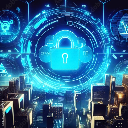 Cyber Protect Padlock Privacy Digital Hacker concept. A computer security concept featuring a central virtual padlock symbol. The image emphasizes data security