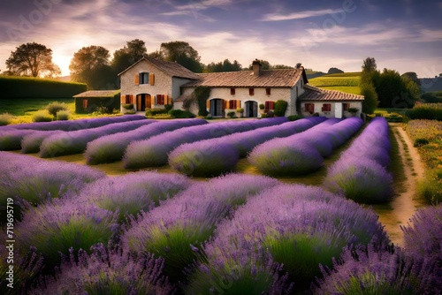 Wide-angle shot of a farmhouse with swimming pool at the heart of a lavender farm, with the aromatic flowers creating a purple tapestry around.