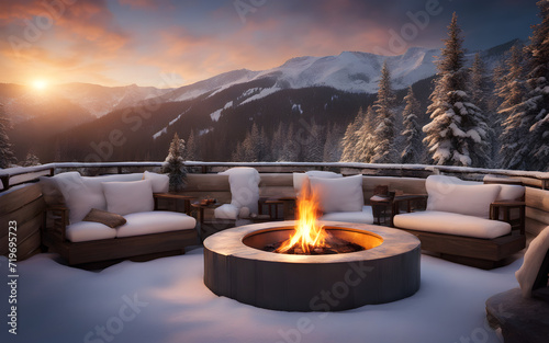 Outdoor fireplace Fire Pit in a snowy setting on a restaurant terrace in the mountains in a ski resort