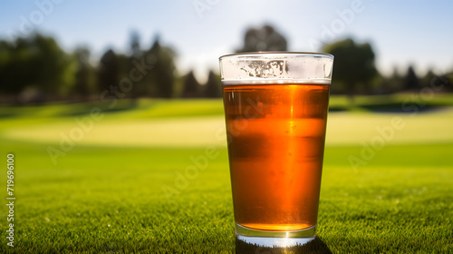 Un verre de bière posé sur un stade de golf. photo