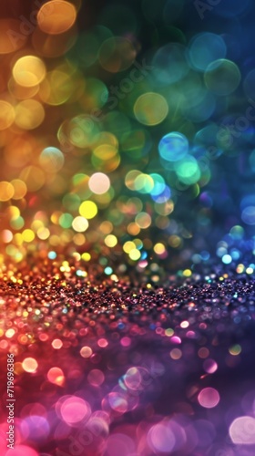 Abstract background with bokeh effect, multicolored light dots created by blurred lights, giving a festive and magical feel over a shimmering backdrop