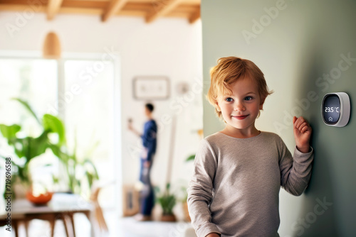 Cheerful young child in a smart home adjusting a digital thermostat with family member in background in a modern room. Concept of smart home technology for everyday comfort living and domestic life photo