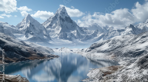 a mountain Everest lake is covered with snow with mountains around it Generative AI © Serega