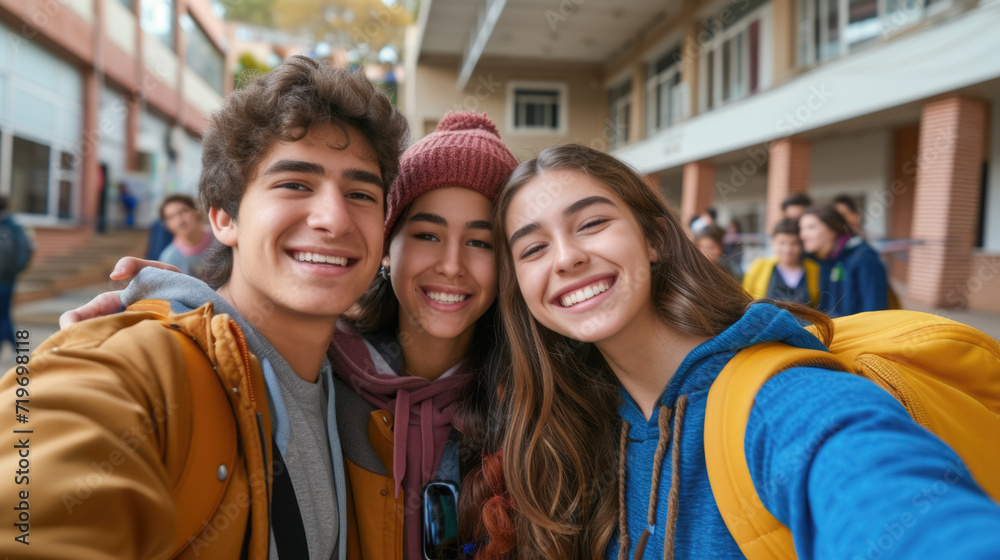 happy teenager students selfie together at school. happy teenager students selfie together at school.