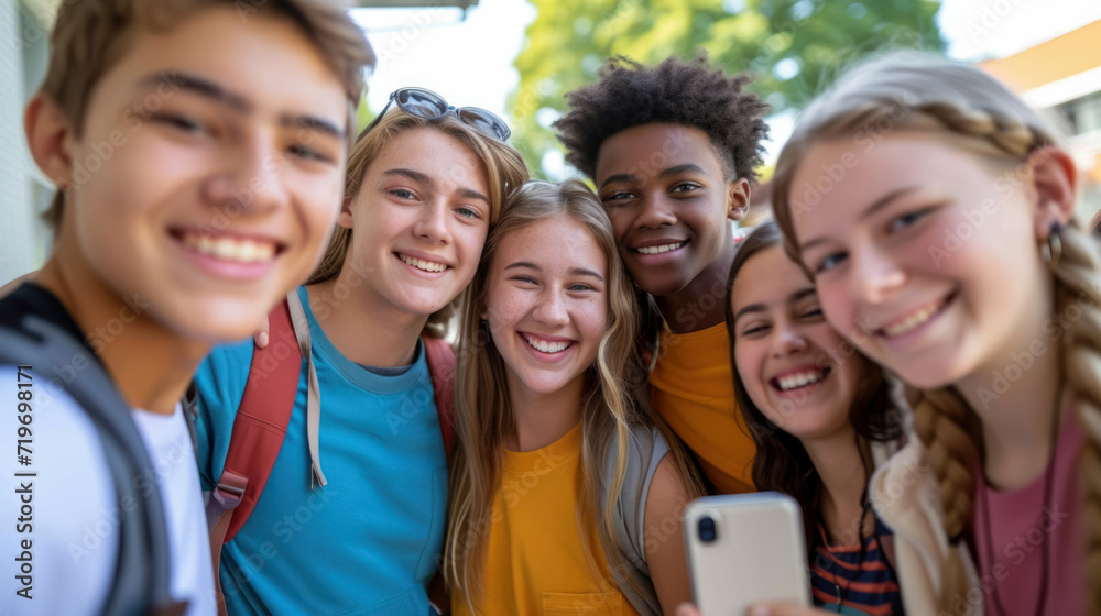 Obraz premium happy teenager students selfie together at school. 