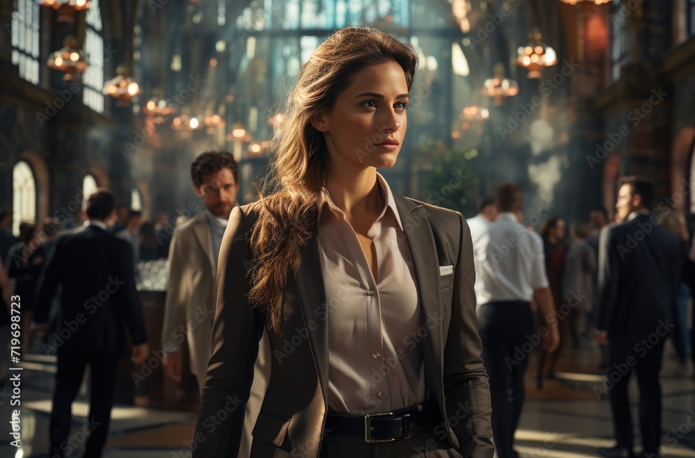 A confident woman in a tailored suit struts down the busy city street, her face exuding determination and sophistication, while her coat and jacket add a touch of street fashion to her professional l A confident woman in a tailored suit struts down the busy city street, her face exuding determination and sophistication, while her coat and jacket add a touch of street fashion to her professional l