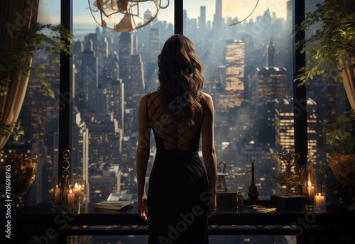 A fashionable woman gazes out the window  her dress billowing in the breeze as she takes in the bustling cityscape before her