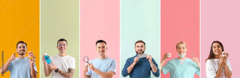 Set of people with healthy teeth on color background. Dentistry concept - obrazy, fototapety, plakaty 