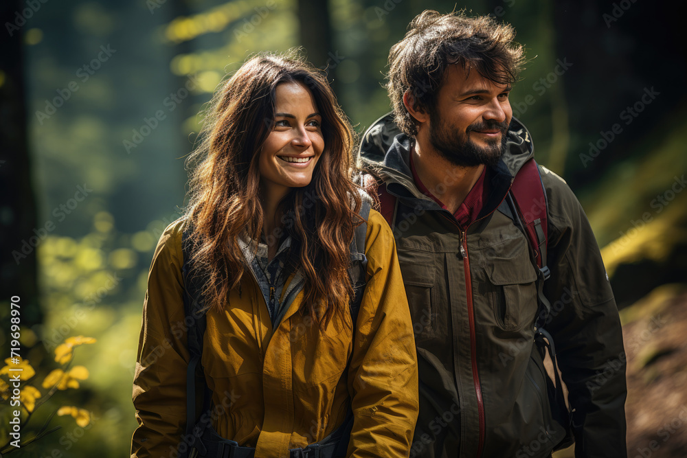 A smiling couple dressed in jackets stands among the trees, admiring the vibrant yellow flowers and embracing the beauty of nature on their hiking adventure