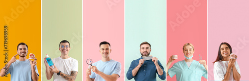 Set of people with healthy teeth on color background. Dentistry concept photo