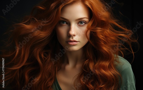 A fiery-haired woman gazes seductively at the camera, her full lips and long lashes accentuated by the rich tones of her vibrant red locks in this stunning fashion portrait