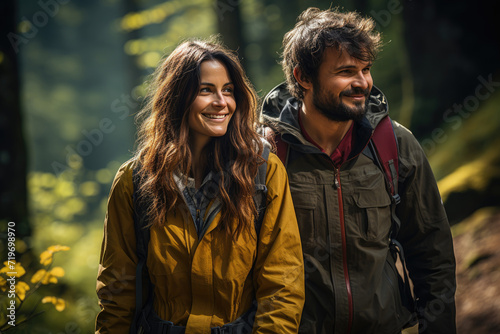 A smiling couple dressed in jackets stands among the trees, admiring the vibrant yellow flowers and embracing the beauty of nature on their hiking adventure