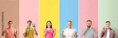 Collection of people with healthy teeth on color background. Dentistry concept photo