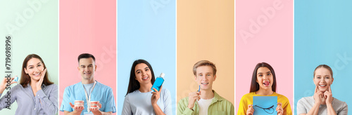 Group of people with healthy teeth on color background. Dentistry concept