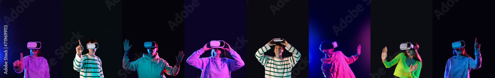 Collage of young man and woman with VR glasses on dark background