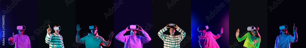 Collage of young man and woman with VR glasses on dark background Collage of young man and woman with VR glasses on dark background