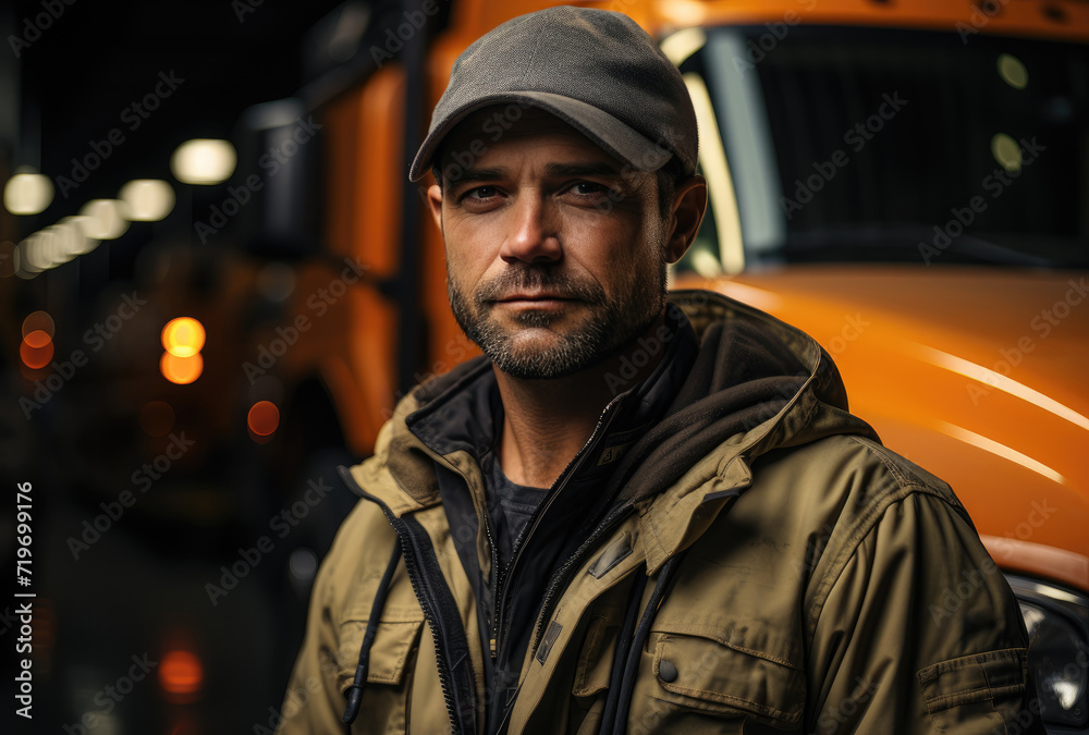 A rugged man with a beard and mustache stands on the street, wearing a jacket and hat while leaning against his car with a determined expression on his face
