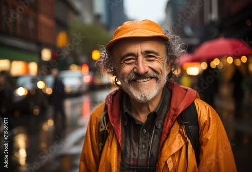 A stylish man with a bright orange hat and rain coat stands in front of a city building, his smiling face adorned with a bushy beard and a fashionable moustache