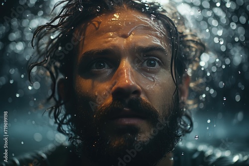 A rugged man with a dripping beard gazes upwards, his portrait capturing the rawness and vulnerability of the human face