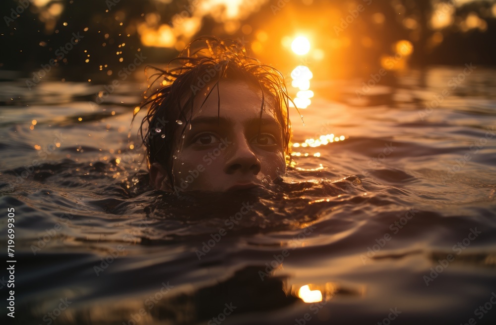 Against the warm glow of a setting sun, a person's determined strokes cut through the tranquil waters, their human face reflecting the peacefulness of the outdoor surroundings
