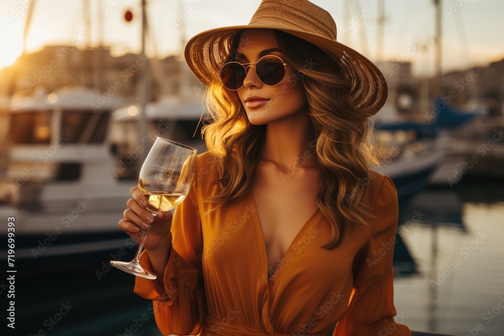 Obraz premium A stylish woman enjoys a glass of wine on a boat while wearing a chic sun hat and sunglasses, exuding confidence and sophistication