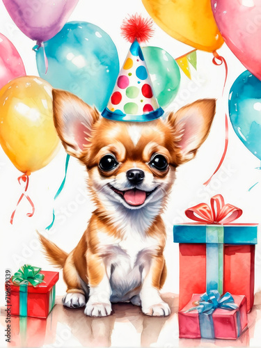 Happy birthday greeting card with cute adorable chihuahua baby puppy with gifts and balloons. Illustration in watercolor style