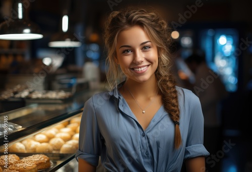 A content woman indulging in a freshly baked doughnut at her favorite fast food bakery, radiating joy and satisfaction towards the camera