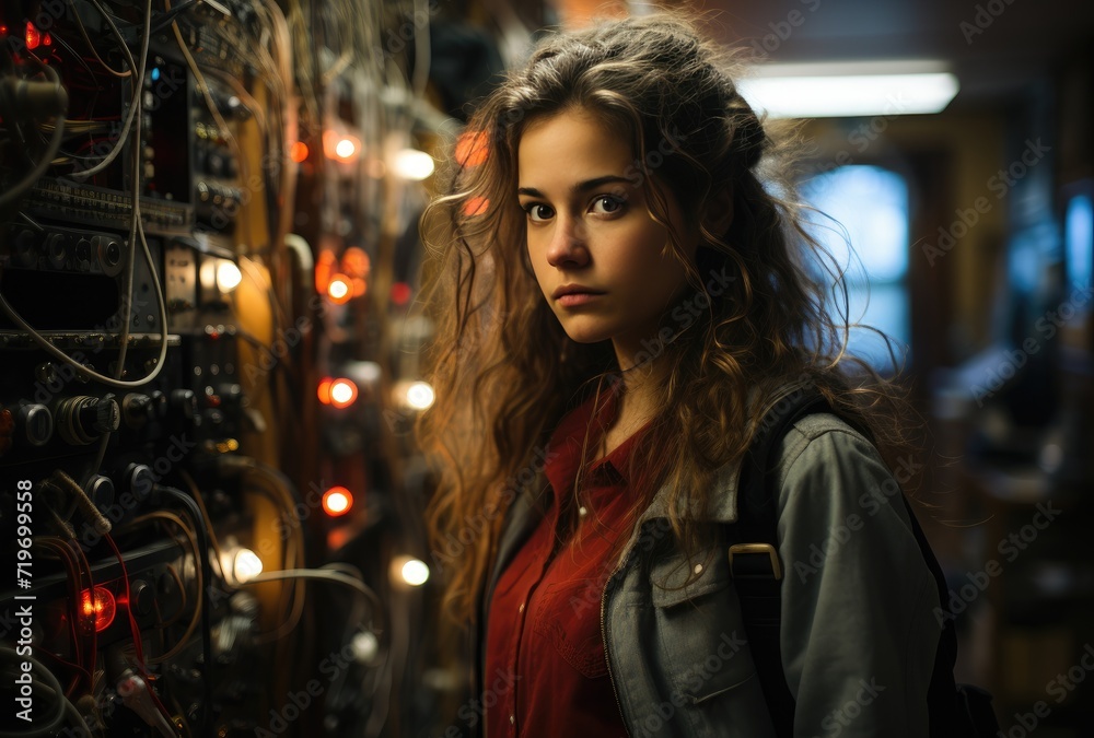 A fashionable woman stands confidently in the dimly lit street, her jacket blending with the wires behind her, as she gazes into the camera with a determined expression on her face A fashionable woman stands confidently in the dimly lit street, her jacket blending with the wires behind her, as she gazes into the camera with a determined expression on her face