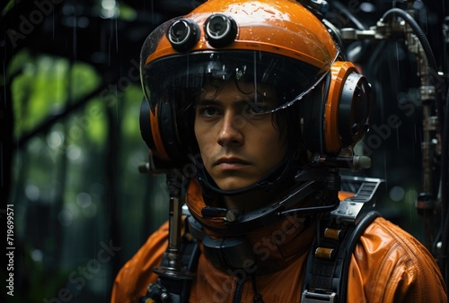 A daring adventurer dons his vibrant orange helmet and protective pressure suit as he prepares to tackle the great outdoors