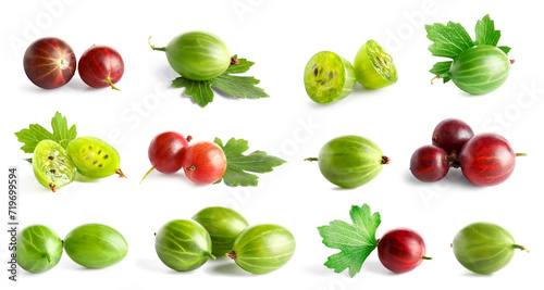 Collage of fresh gooseberries on white background