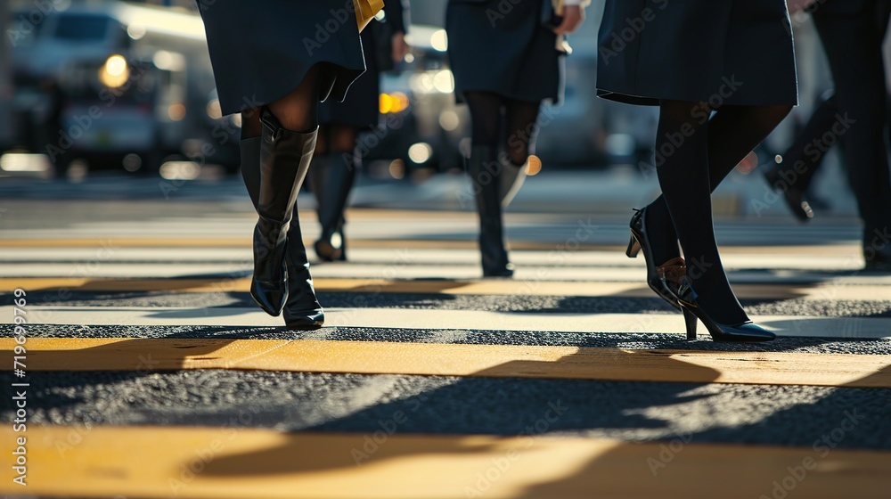 Close-up of legs of business people crossing the road at sunset Close-up of legs of business people crossing the road at sunset