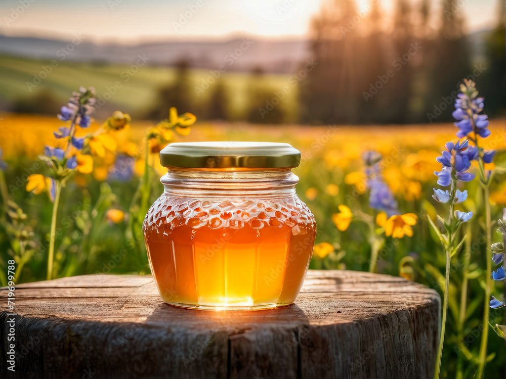 Organic golden honey in a jar in the meadow with wildflowers. - obrazy, fototapety, plakaty 