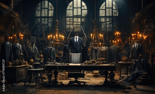 A lone mannequin stands in a dimly lit room, surrounded by opulent chandeliers and a grand table, as the bustling city streets below are bathed in the warm glow of candlelight