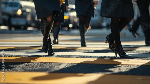 Close-up of legs of business people crossing the road at sunset