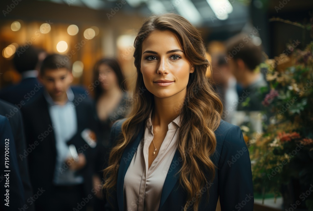 Obraz premium A fashionable woman with a bright smile stands confidently, her long brown hair cascading over her white shirt, exuding both elegance and natural beauty in an indoor setting