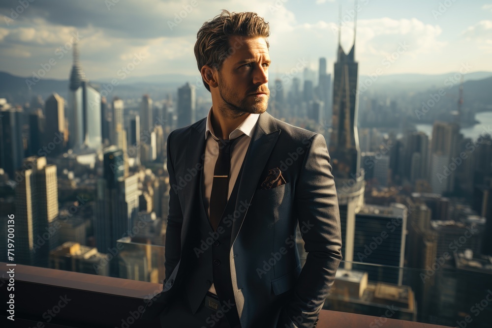 A dapper businessman contemplates the weight of the world from his lofty perch, his tailored suit blending into the urban landscape as he gazes at the endless possibilities below A dapper businessman contemplates the weight of the world from his lofty perch, his tailored suit blending into the urban landscape as he gazes at the endless possibilities below