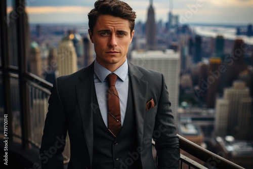 A sharply dressed businessman takes in the bustling city below, his formal attire contrasting against the urban landscape as he stands with confidence on the balcony