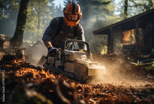 A firefighter maneuvers his land vehicle through the rugged outdoor terrain, his helmet shining in the sun as he approaches a tree, using the machine's wheels to conquer the challenging ground