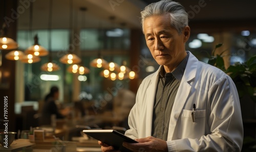A poised man in a crisp white coat checks his tablet in a bustling restaurant, exuding confidence and control
