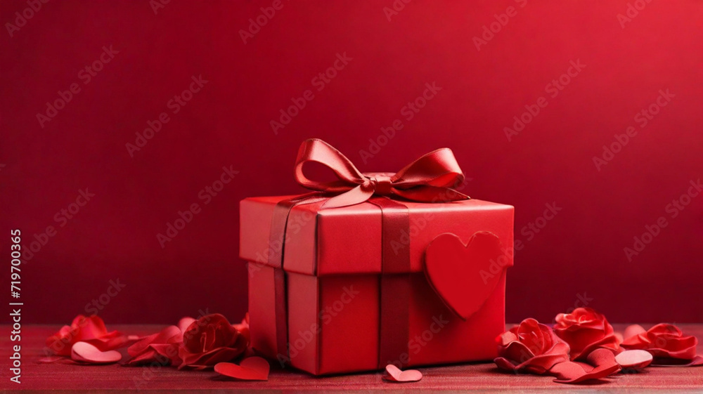 Red gift box on solid red background	