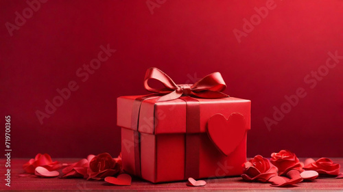 Red gift box on solid red background	