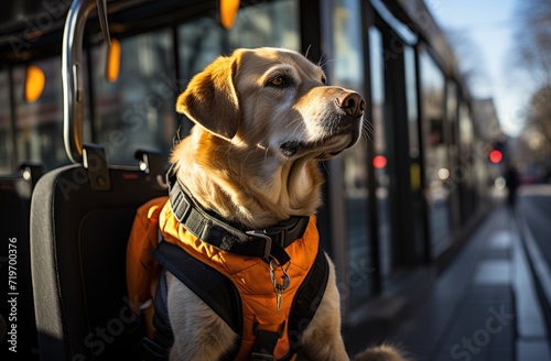A majestic yellow labrador retriever sporting a stylish brown vest while strolling through the bustling streets with its collar jingling, embodying the perfect blend of fashion and function as a belo photo