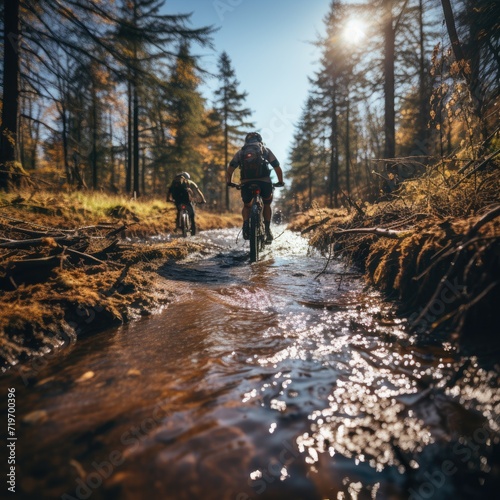 A daring group of cyclists traversed through a frigid stream, surrounded by towering trees and a vast winter landscape, guided by the path of the winding river as the sky above watched in awe © LifeMedia