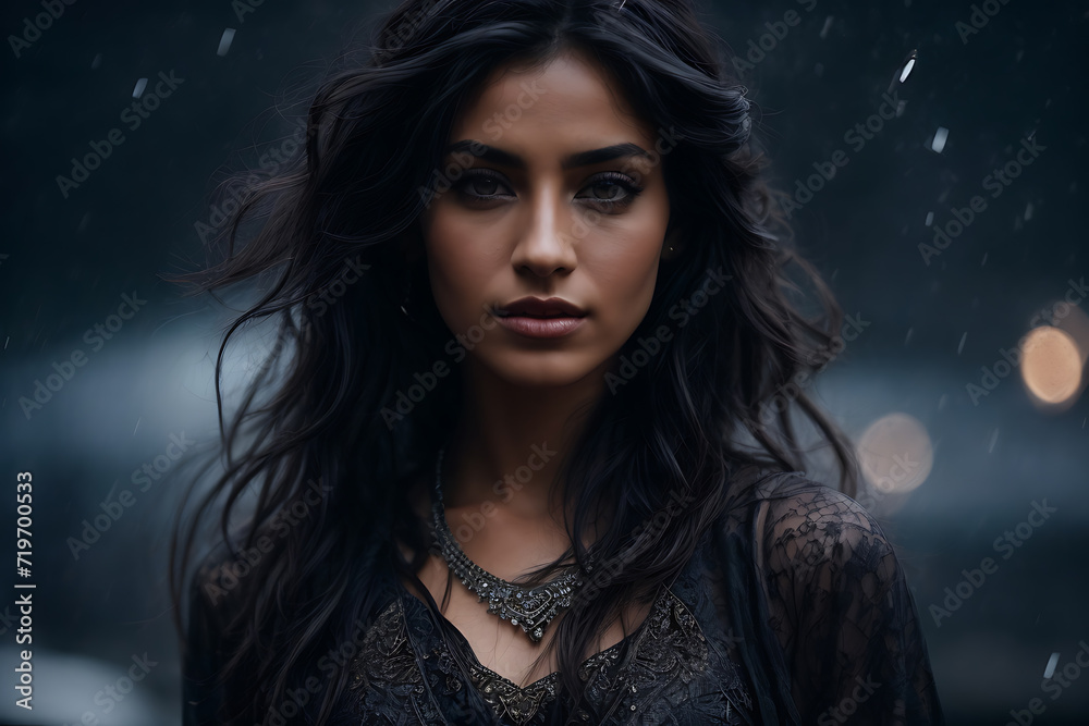 Woman Standing in Rain With Black Dress. Generative AI. Woman Standing in Rain With Black Dress. Generative AI.