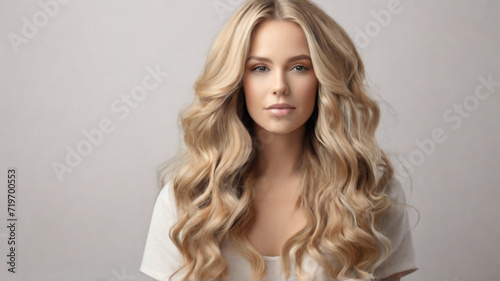 Portrait of young beautiful woman with gorgeous healthy dark blonde wavy long hair 
