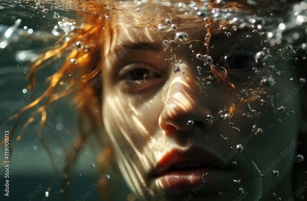 A mesmerizing portrait of a submerged woman, her face gracefully surrounded by bubbles as she finds tranquility in the depths of the water