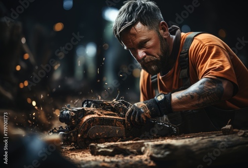 A rugged man clad in leather clothing and sporting a myriad of tattoos on his arm, fiercely wields a chainsaw with determination on his human face